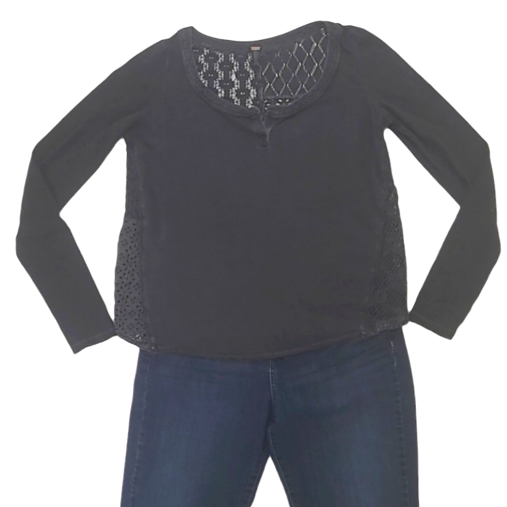 Free People Bohemian Long Sleeved Top Shear/Mesh Back Floral Boho Sz Med Blouse